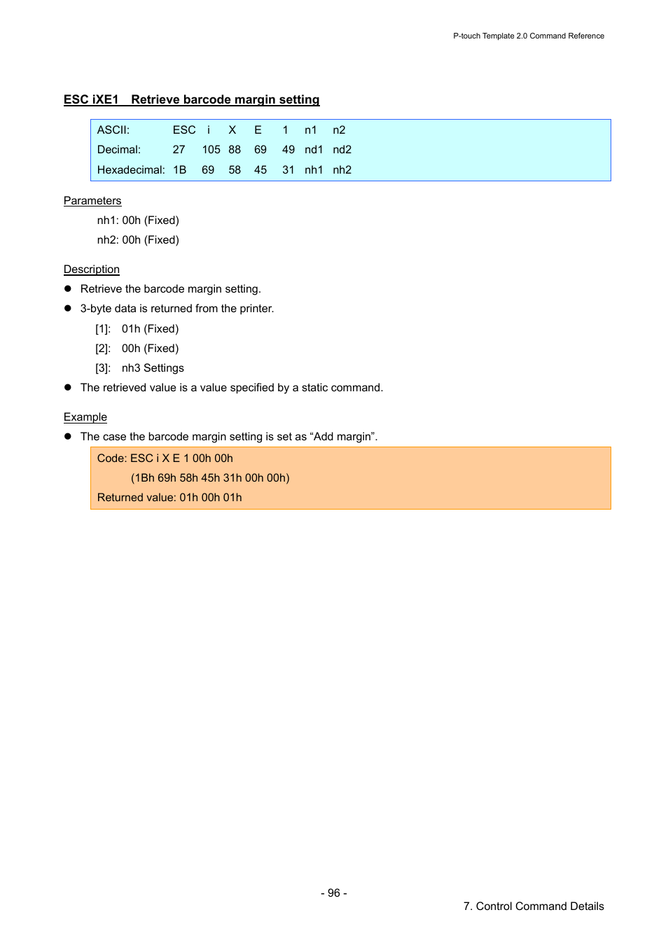 Esc ixe1 retrieve barcode margin setting, Esc ixe1, Retrieve barcode margin setting | Brother TD-2120N User Manual | Page 102 / 115