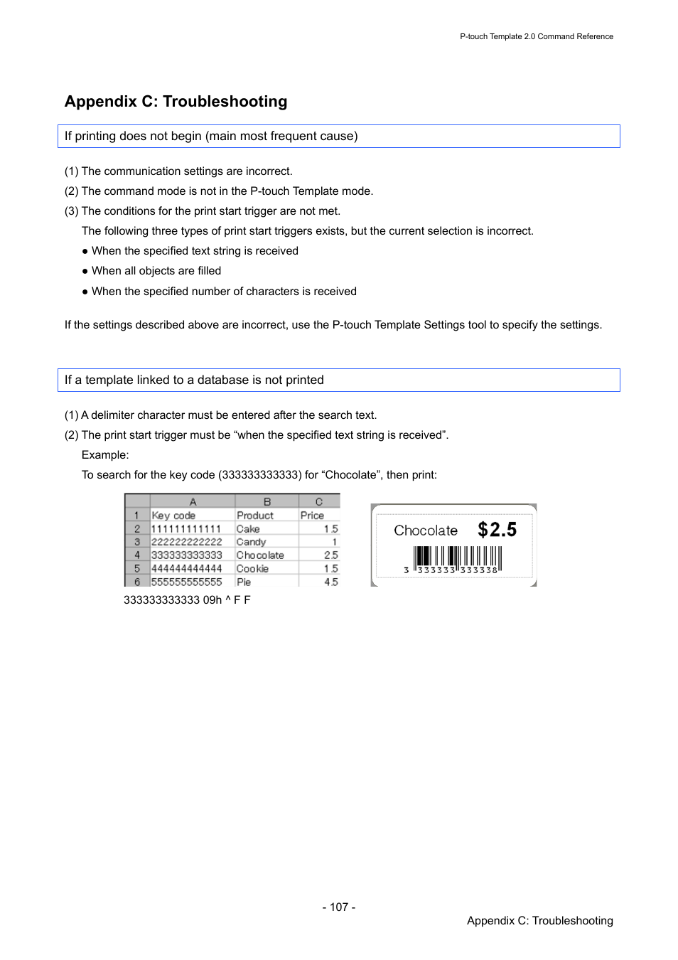 Appendix c: troubleshooting, If a template linked to a database is not printed | Brother TD-2120N User Manual | Page 113 / 115