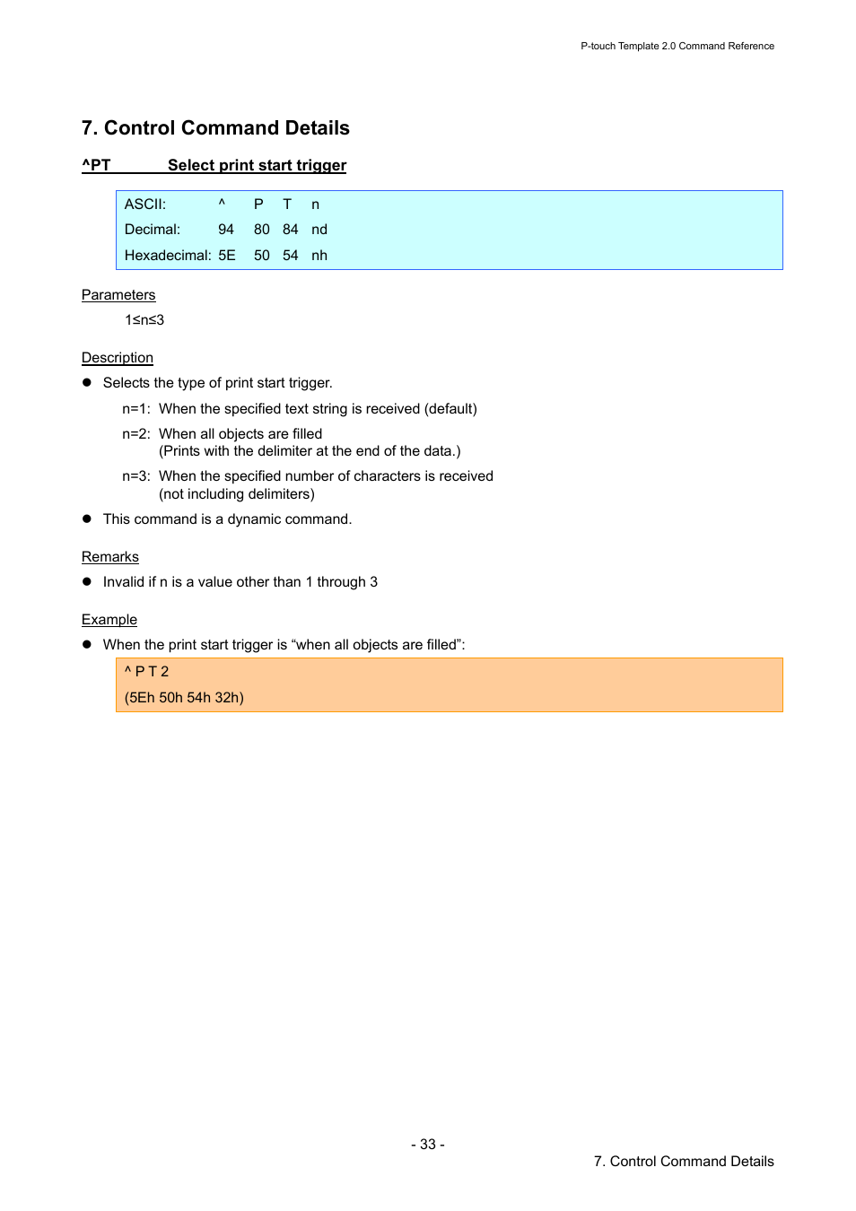 Control command details, Pt select print start trigger, Select print start trigger | Brother TD-2120N User Manual | Page 39 / 115