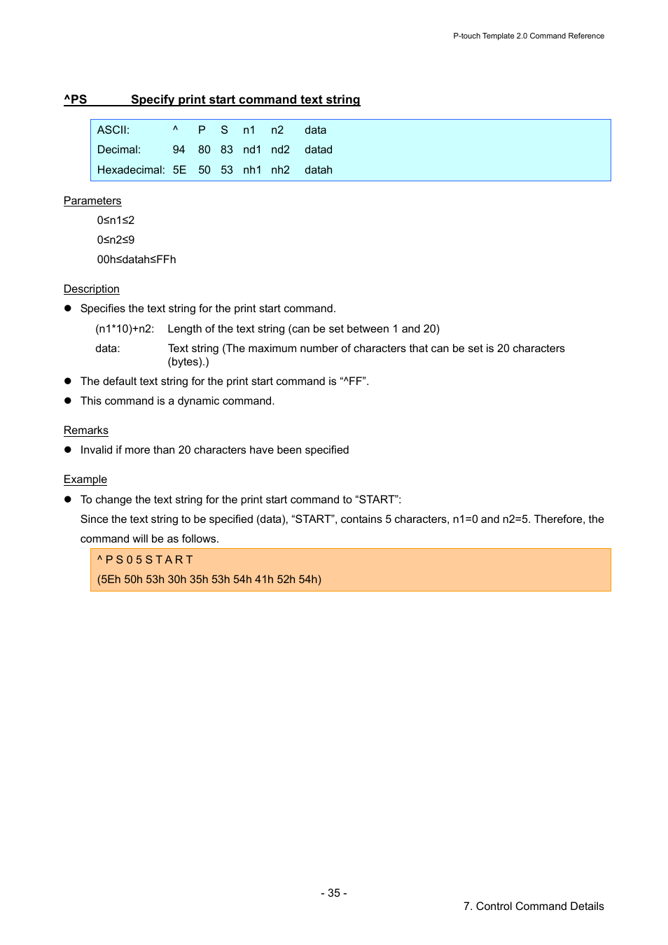 Ps specify print start command text string, Specify print start command text string | Brother TD-2120N User Manual | Page 41 / 115