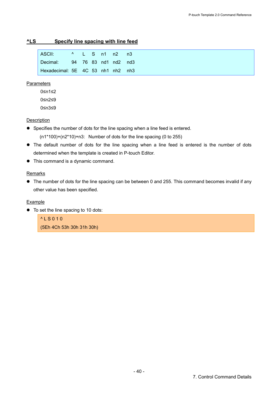 Ls specify line spacing with line feed, Specify line spacing with line feed | Brother TD-2120N User Manual | Page 46 / 115