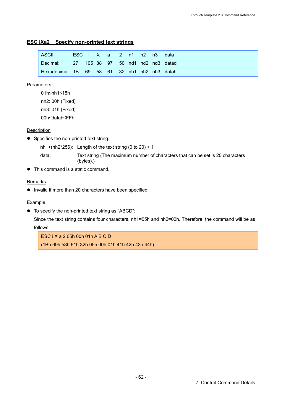 Esc ixa2 specify non-printed text strings, Esc ixa2, Specify non-printed text strings | Brother TD-2120N User Manual | Page 68 / 115