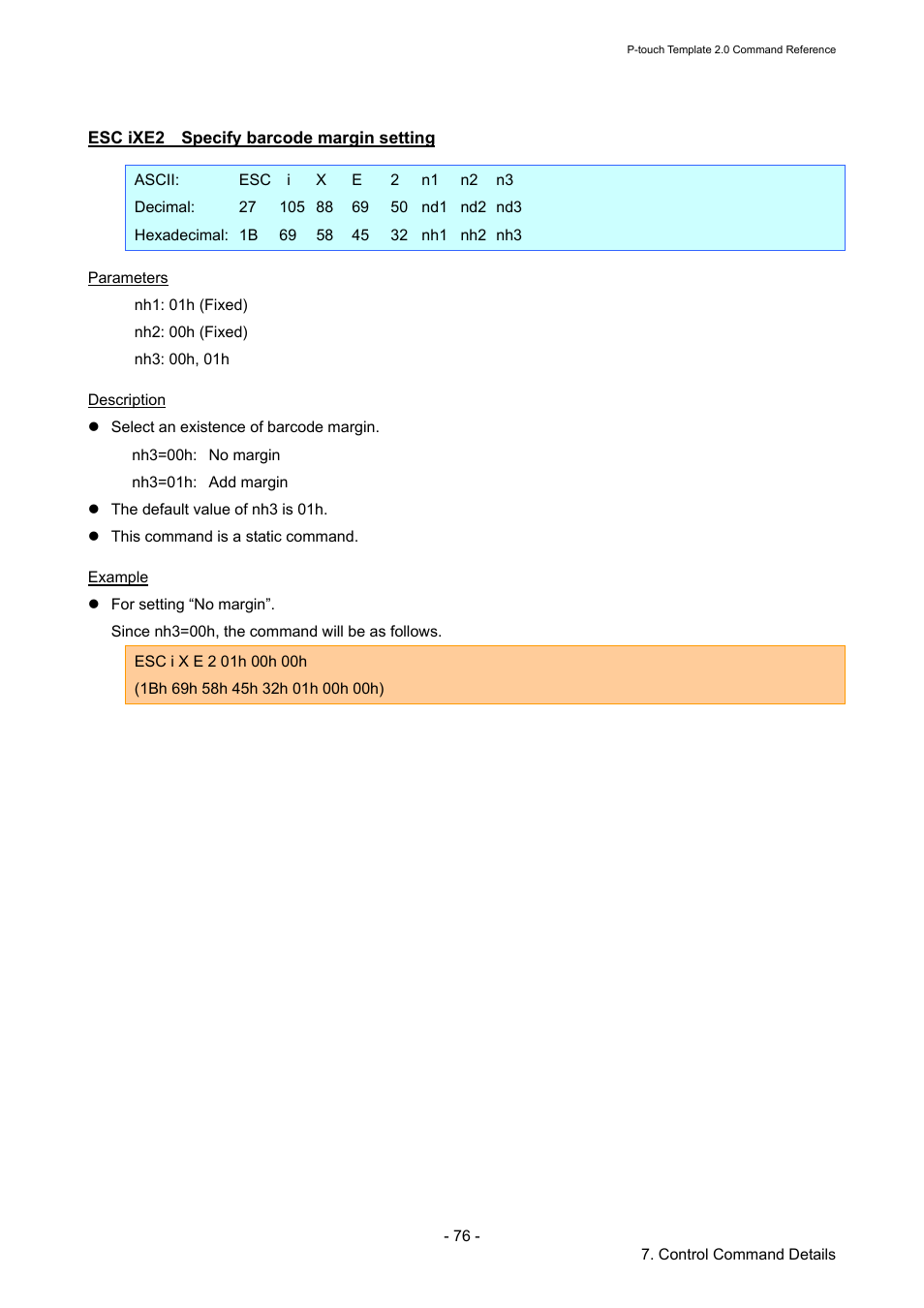 Esc ixe2 specify barcode margin setting, Esc ixe2, Specify barcode margin setting | Brother TD-2120N User Manual | Page 82 / 115