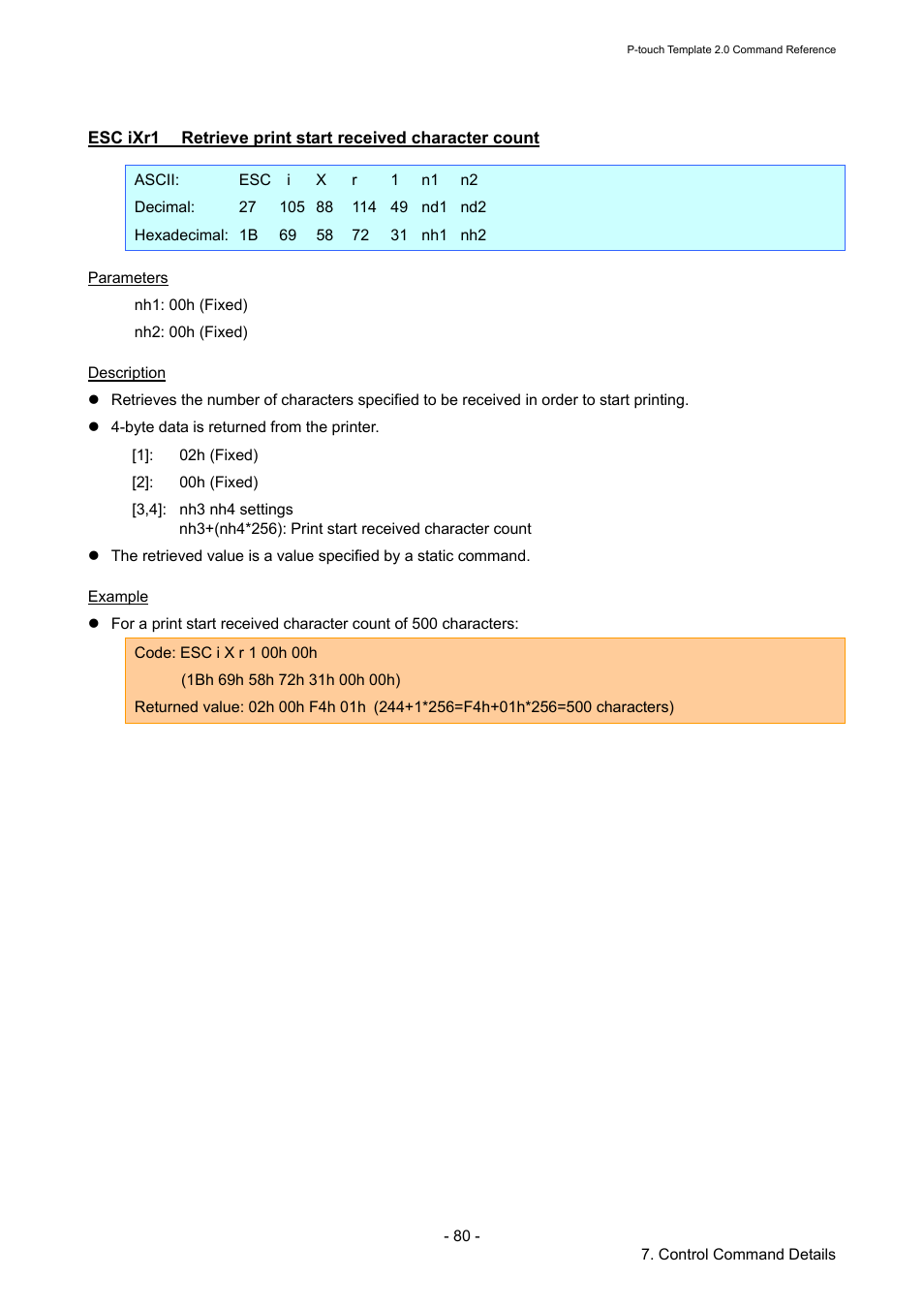 Esc ixr1, Retrieve print start received character count | Brother TD-2120N User Manual | Page 86 / 115