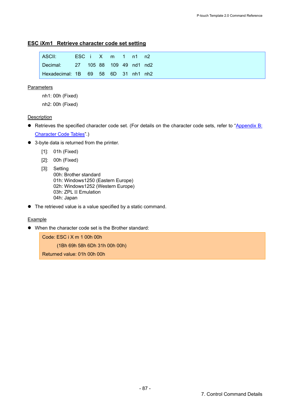 Esc ixm1 retrieve character code set setting, Esc ixm1, Retrieve character code set setting | Brother TD-2120N User Manual | Page 93 / 115