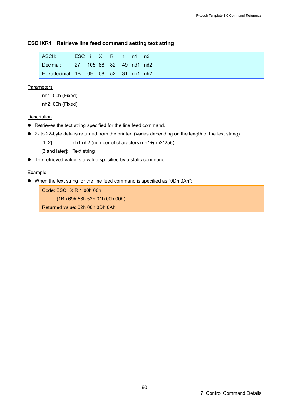 Esc ixr1, Retrieve line feed command setting text string | Brother TD-2120N User Manual | Page 96 / 115