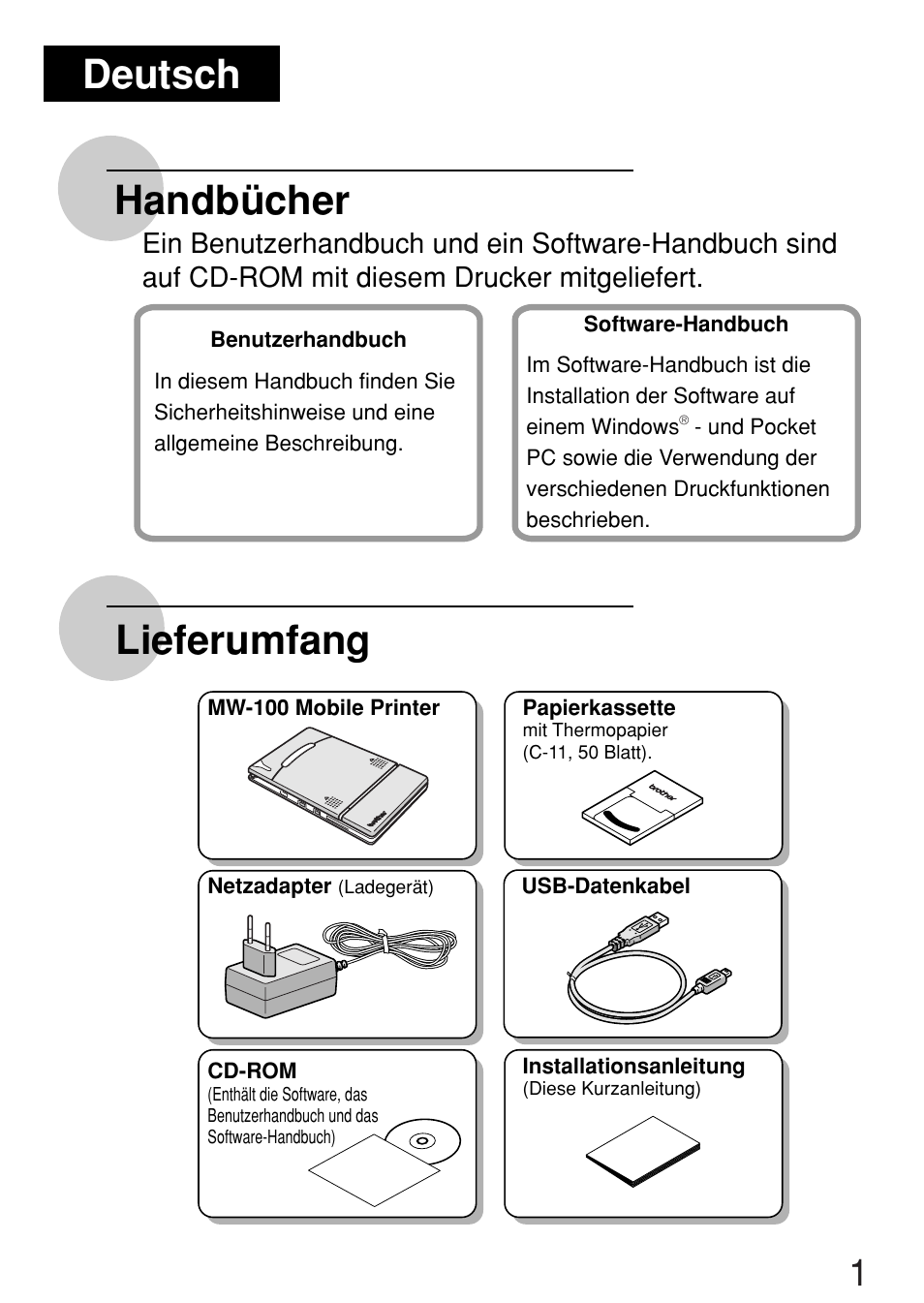 Handbücher lieferumfang, Deutsch | Brother MW-100 User Manual | Page 10 / 38