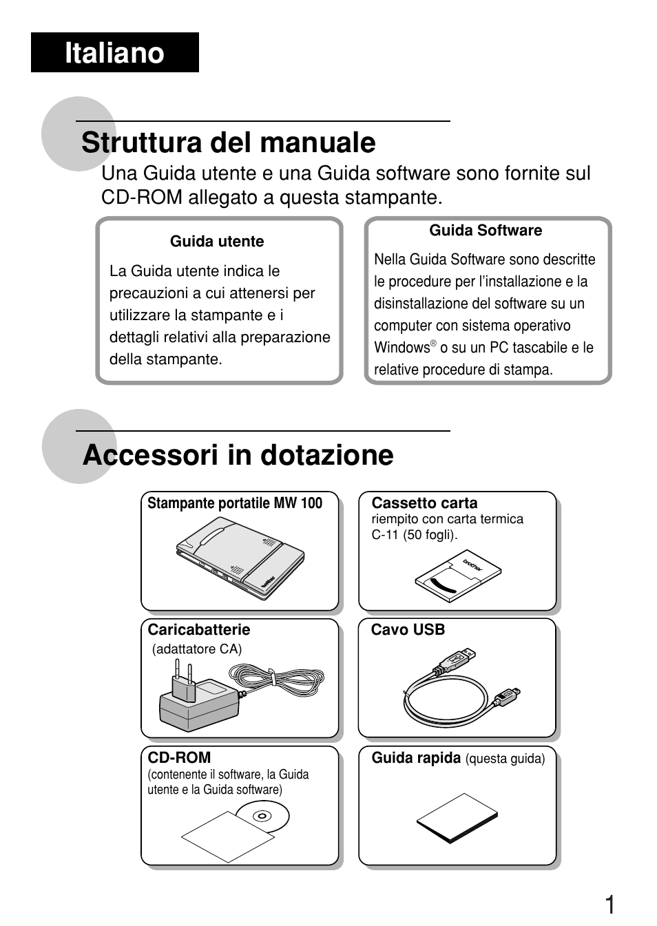 Struttura del manuale accessori in dotazione, Italiano | Brother MW-100 User Manual | Page 14 / 38