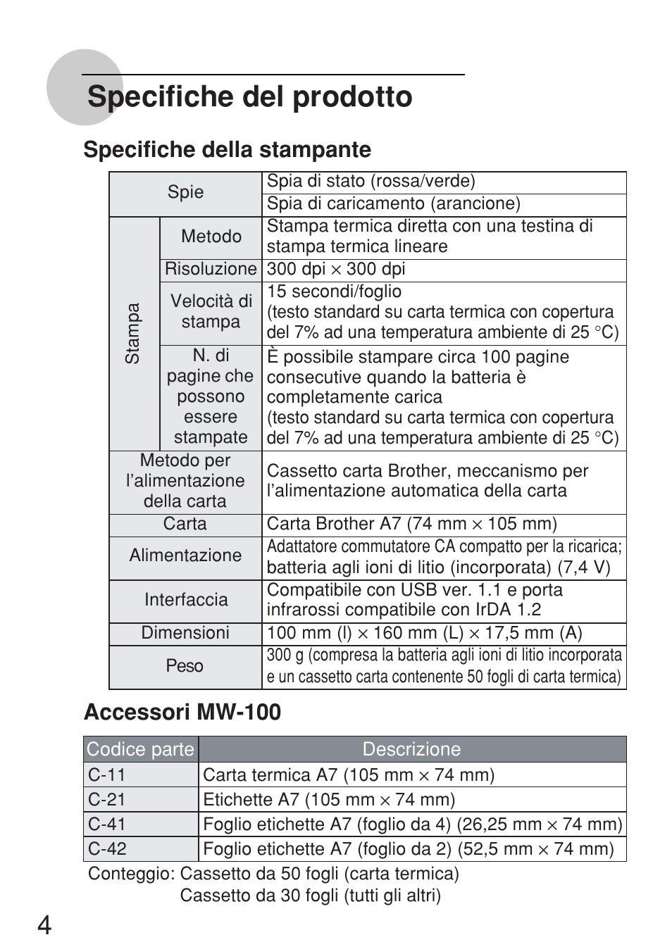 Specifiche del prodotto, Specifiche della stampante, Accessori mw-100 | Brother MW-100 User Manual | Page 17 / 38