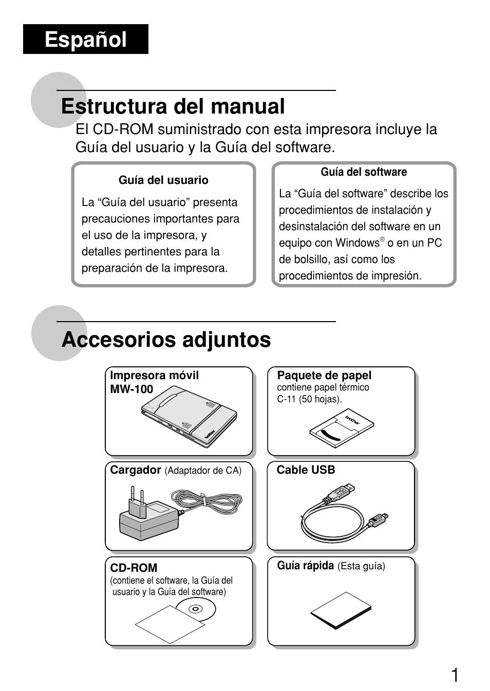 Estructura del manual accesorios adjuntos, Español | Brother MW-100 User Manual | Page 18 / 38