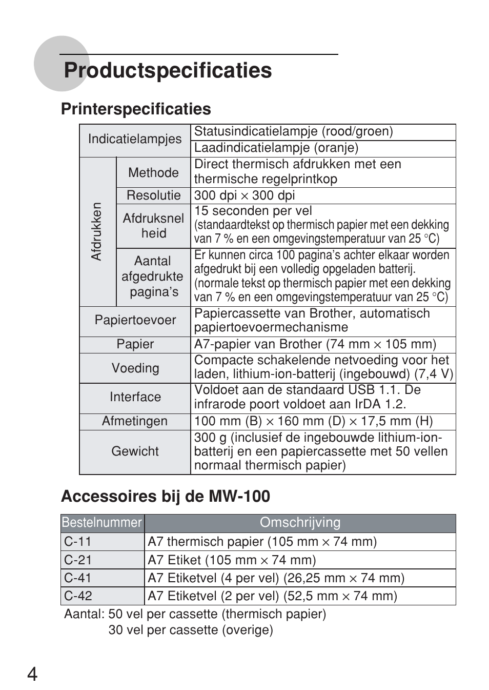 Productspecificaties, Printerspecificaties, Accessoires bij de mw-100 | Brother MW-100 User Manual | Page 25 / 38