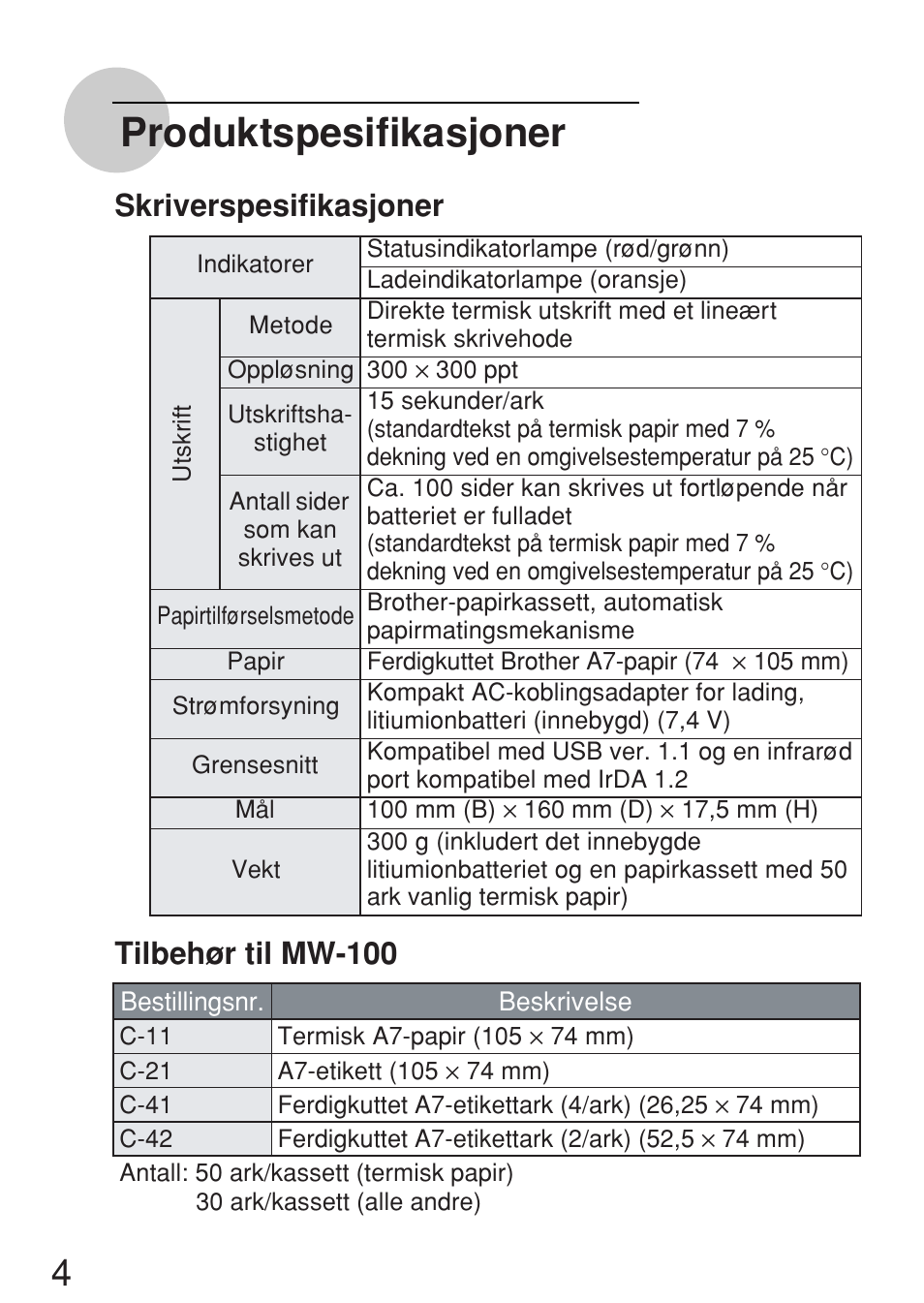 Produktspesifikasjoner, Skriverspesifikasjoner, Tilbehør til mw-100 | Brother MW-100 User Manual | Page 29 / 38
