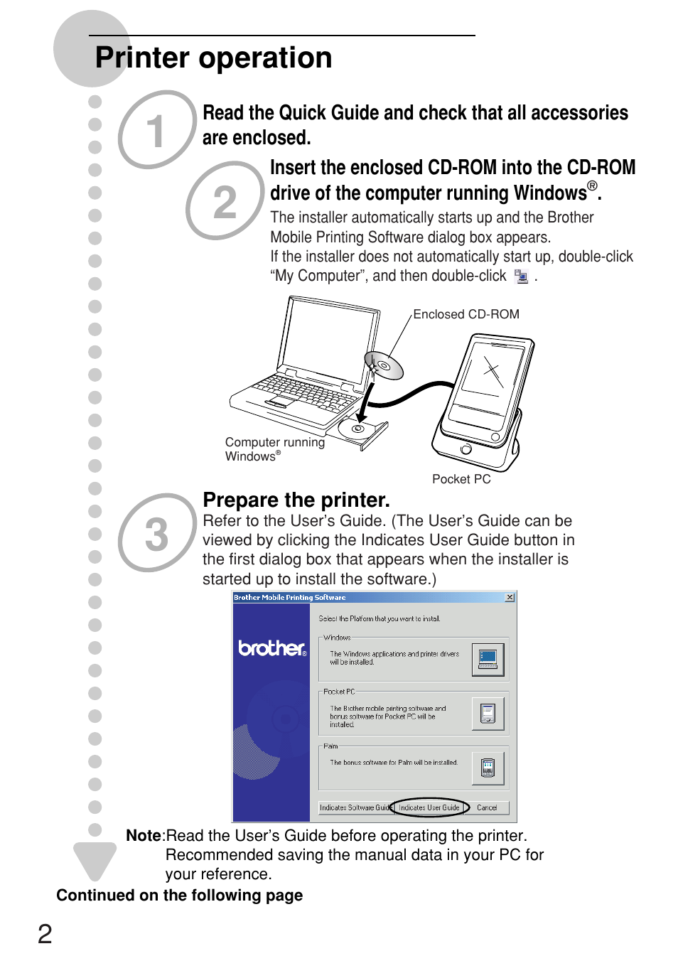 Printer operation | Brother MW-100 User Manual | Page 3 / 38