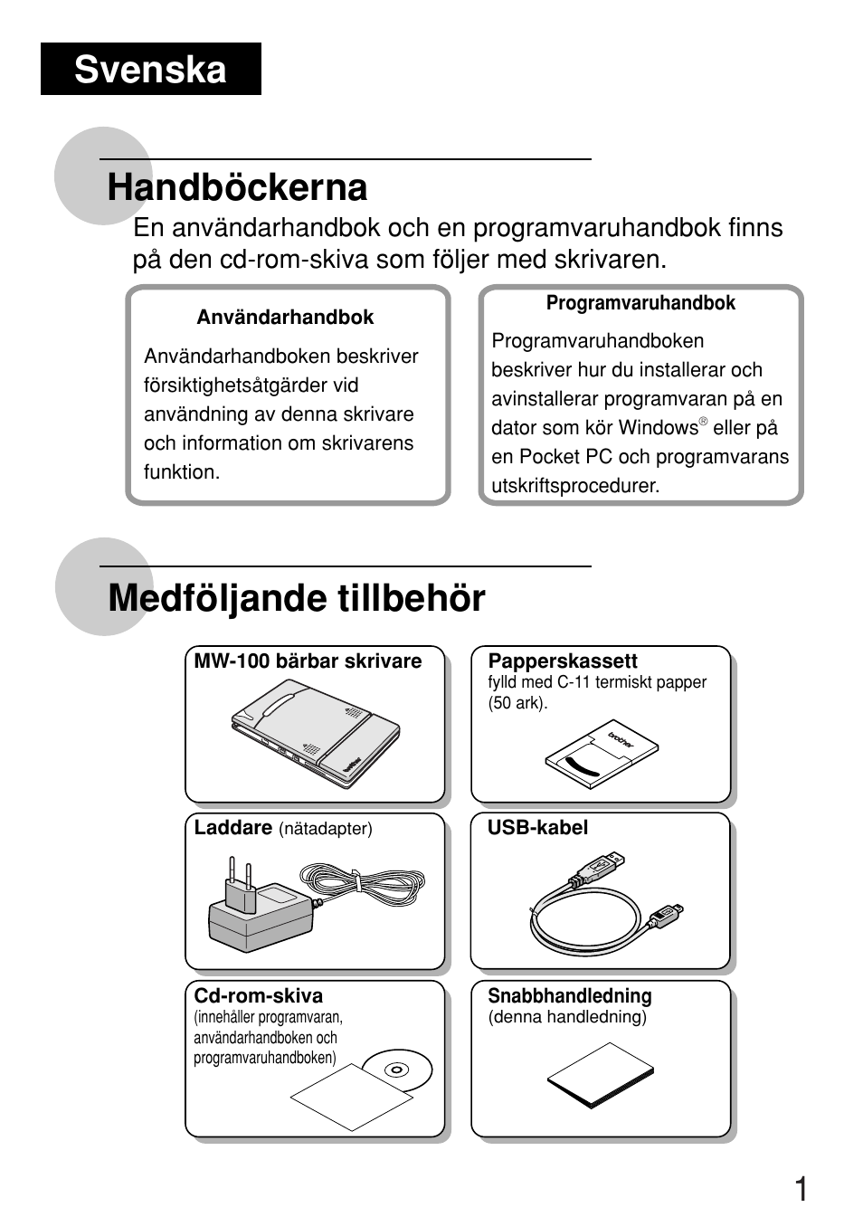 Handböckerna medföljande tillbehör, Svenska | Brother MW-100 User Manual | Page 30 / 38