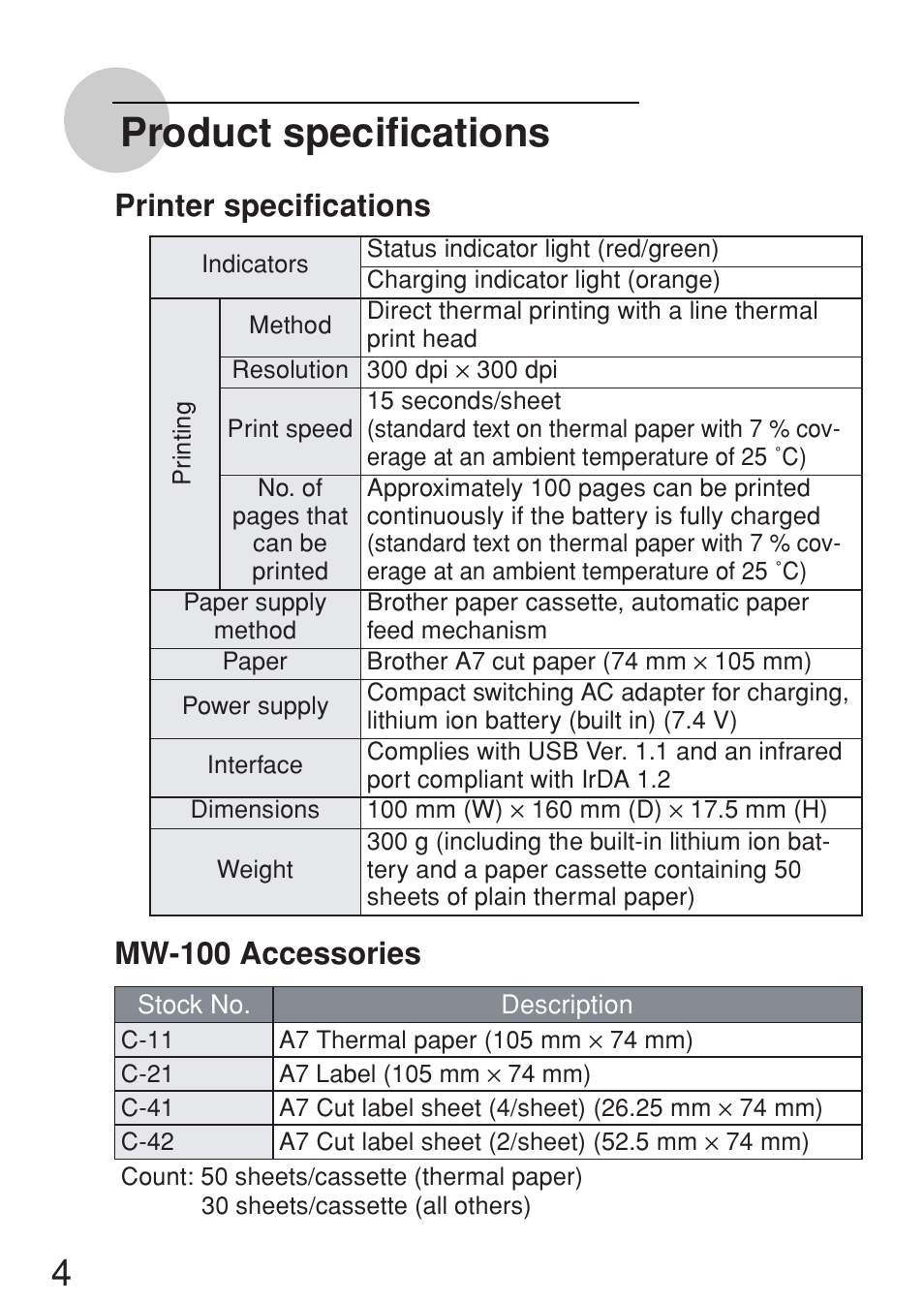 Product specifications, Printer specifications, Mw-100 accessories | Brother MW-100 User Manual | Page 5 / 38