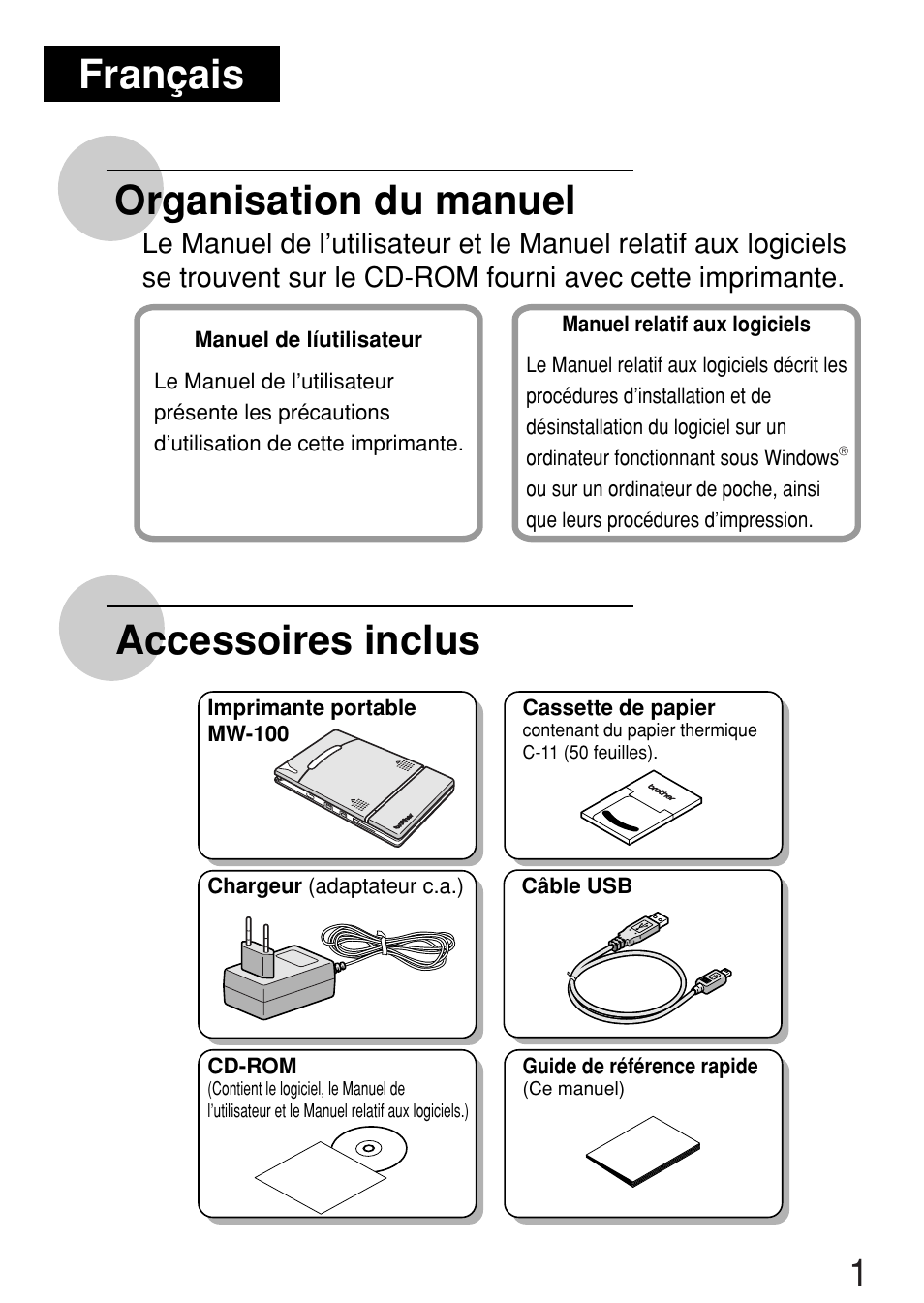Organisation du manuel accessoires inclus, Français | Brother MW-100 User Manual | Page 6 / 38