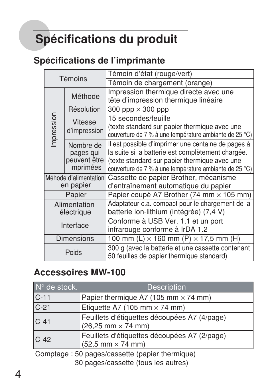 Spécifications du produit, Spécifications de l’imprimante, Accessoires mw-100 | Brother MW-100 User Manual | Page 9 / 38
