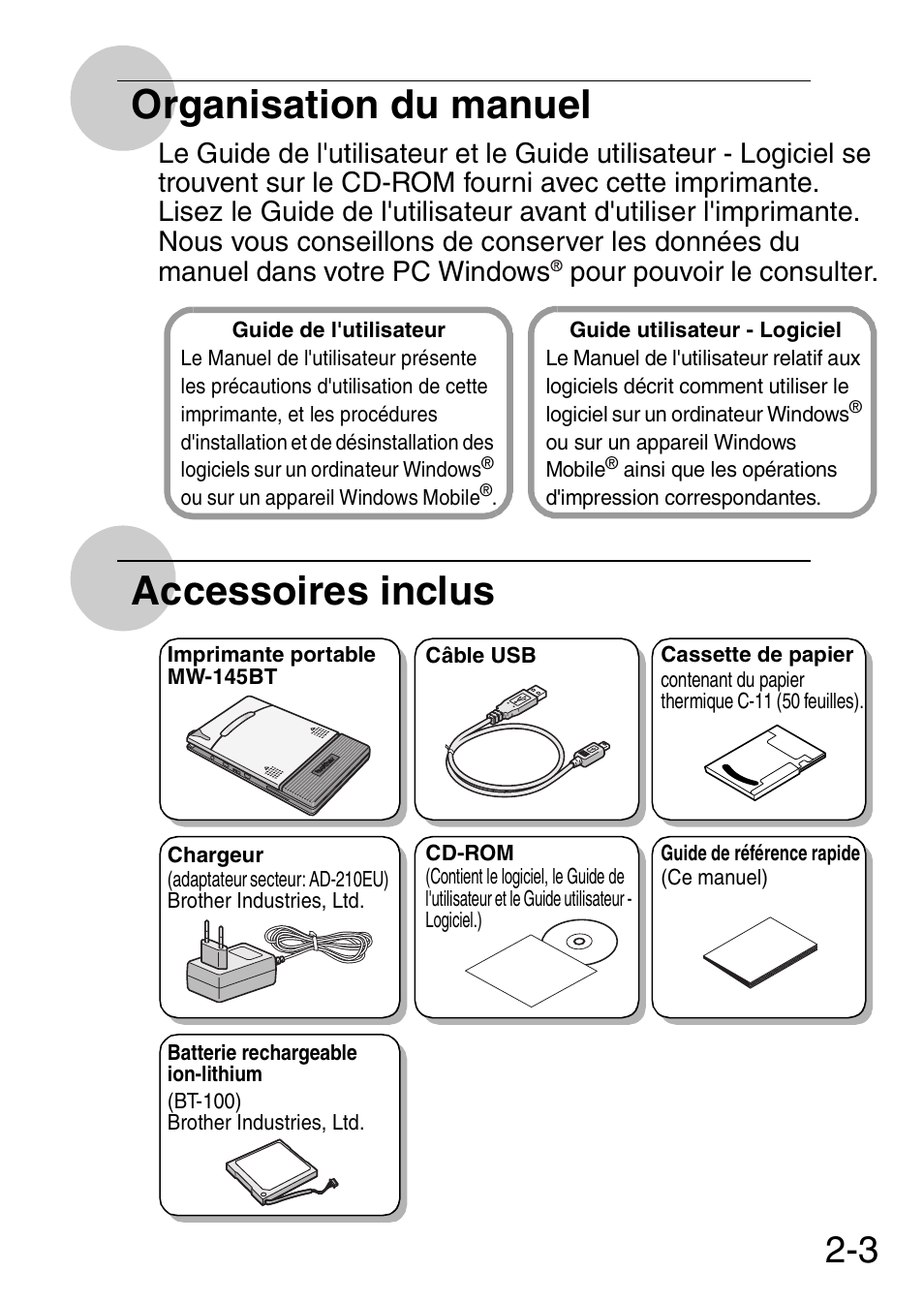 Organisation du manuel, Accessoires inclus | Brother MW-145BT User Manual | Page 14 / 92