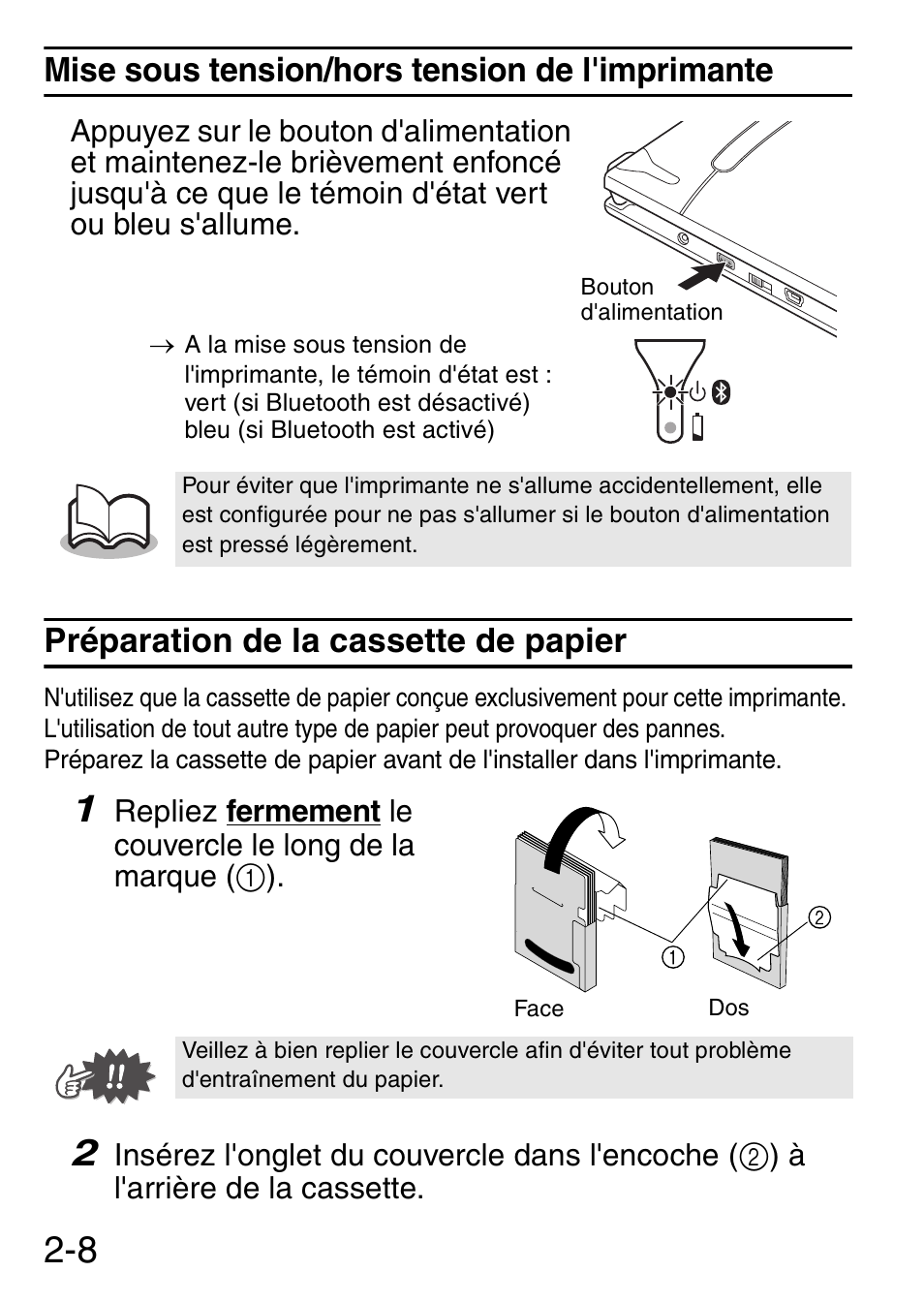 Mise sous tension/hors tension de l'imprimante, Préparation de la cassette de papier | Brother MW-145BT User Manual | Page 19 / 92