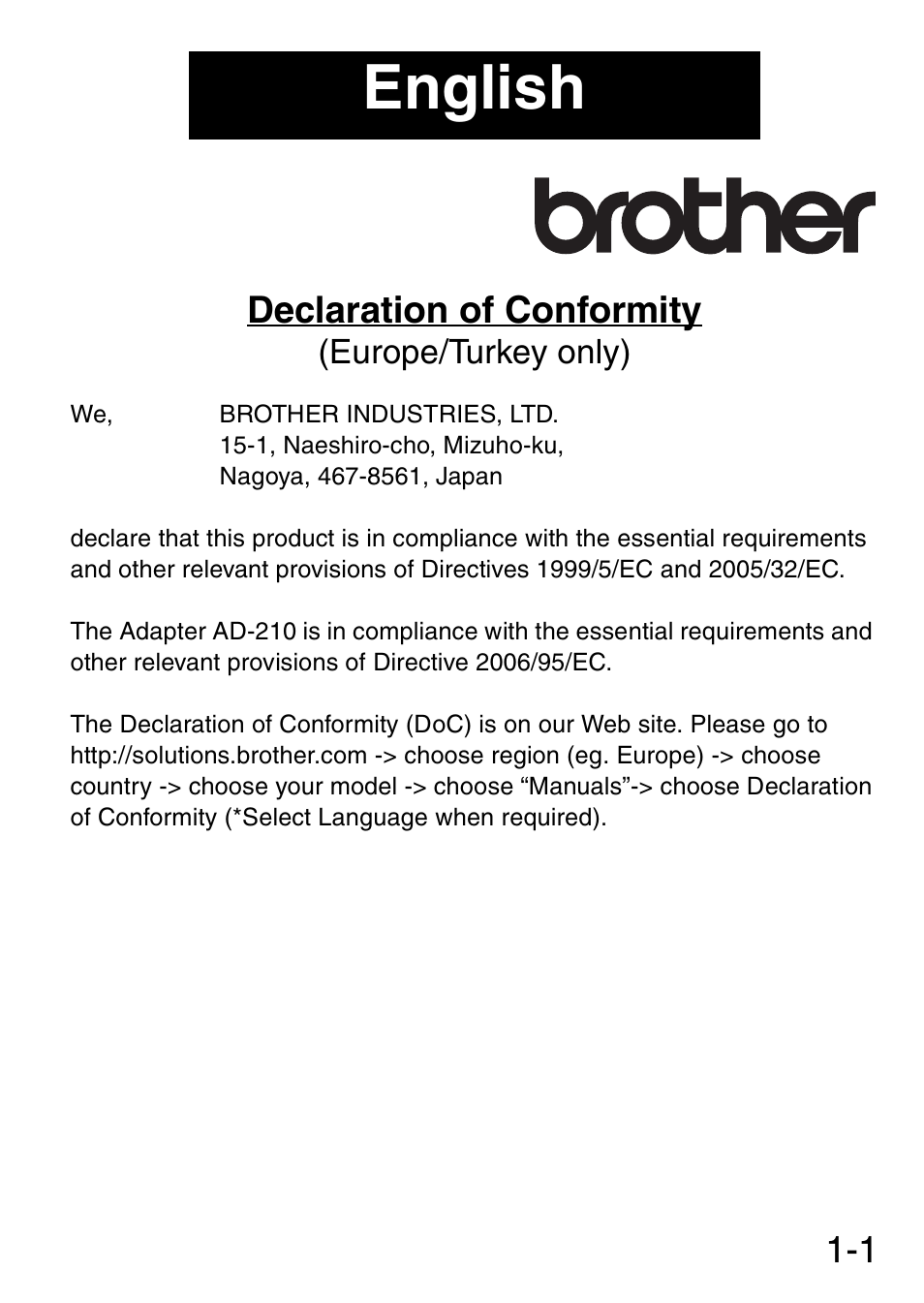 English, 1 declaration of conformity | Brother MW-145BT User Manual | Page 2 / 92