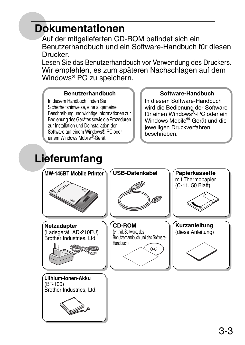 Dokumentationen, Lieferumfang | Brother MW-145BT User Manual | Page 24 / 92