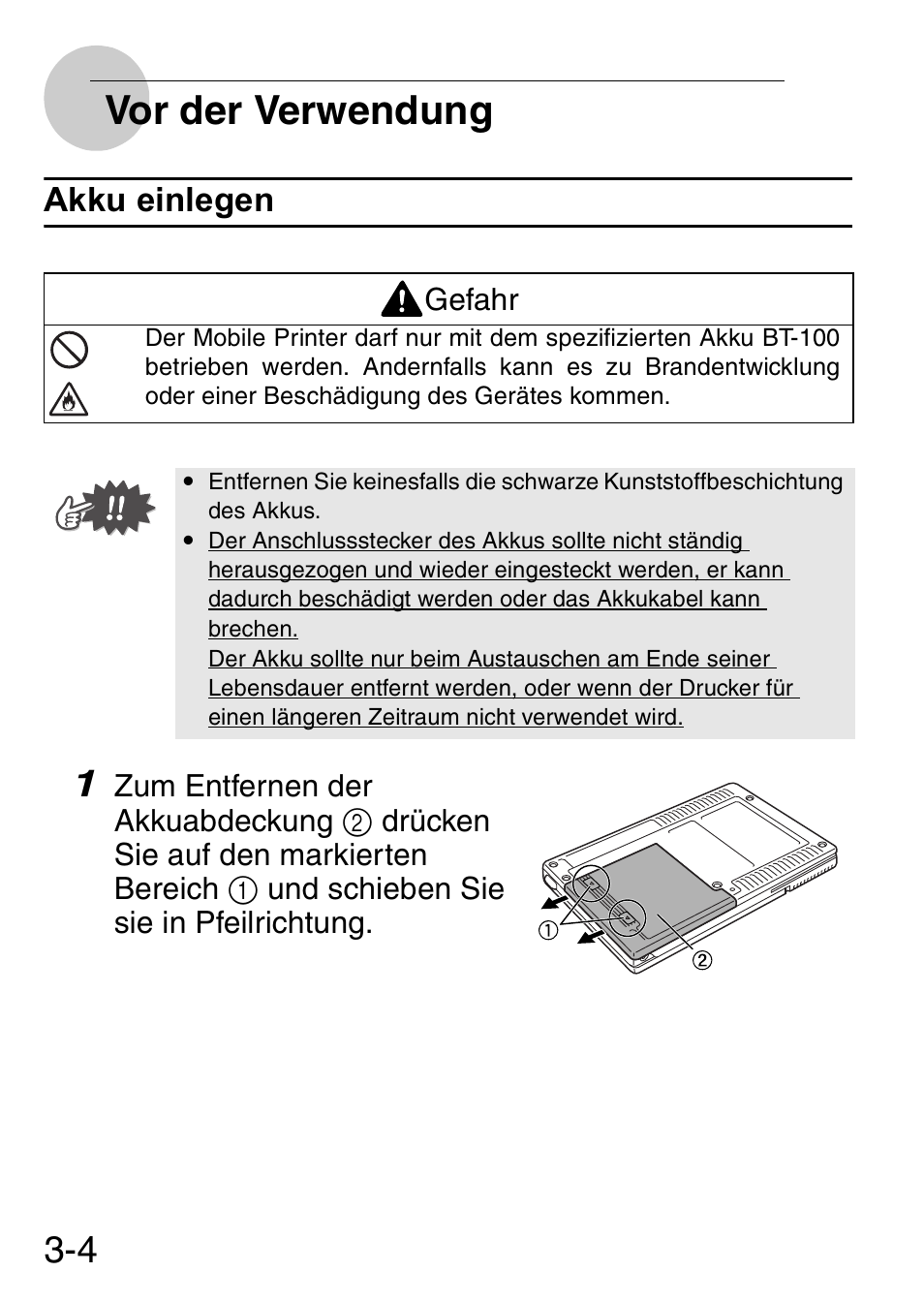 Vor der verwendung, Akku einlegen | Brother MW-145BT User Manual | Page 25 / 92