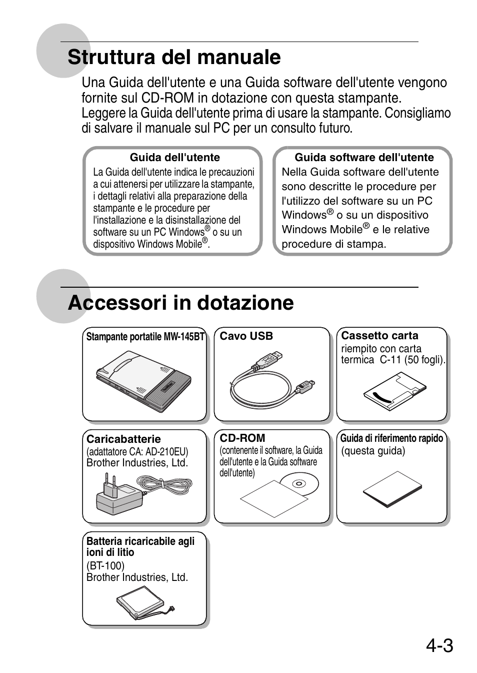 Struttura del manuale, Accessori in dotazione | Brother MW-145BT User Manual | Page 34 / 92