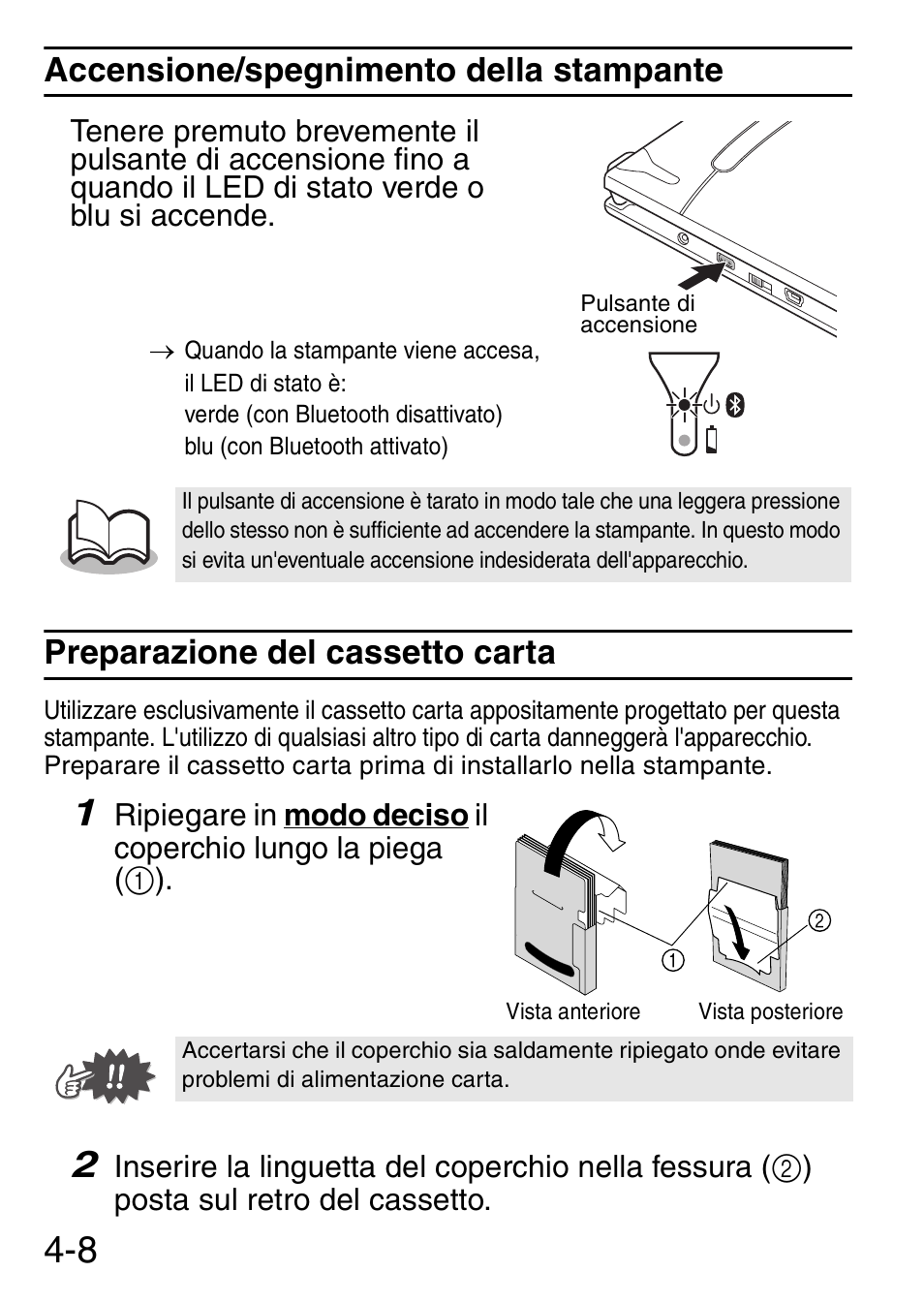 Accensione/spegnimento della stampante, Preparazione del cassetto carta | Brother MW-145BT User Manual | Page 39 / 92
