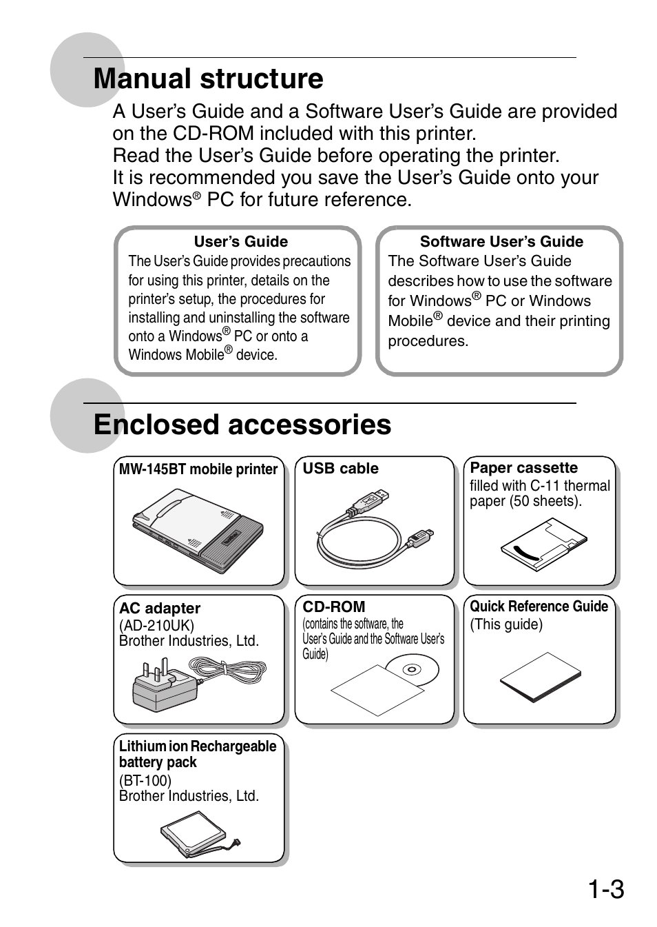 Manual structure, Enclosed accessories | Brother MW-145BT User Manual | Page 4 / 92