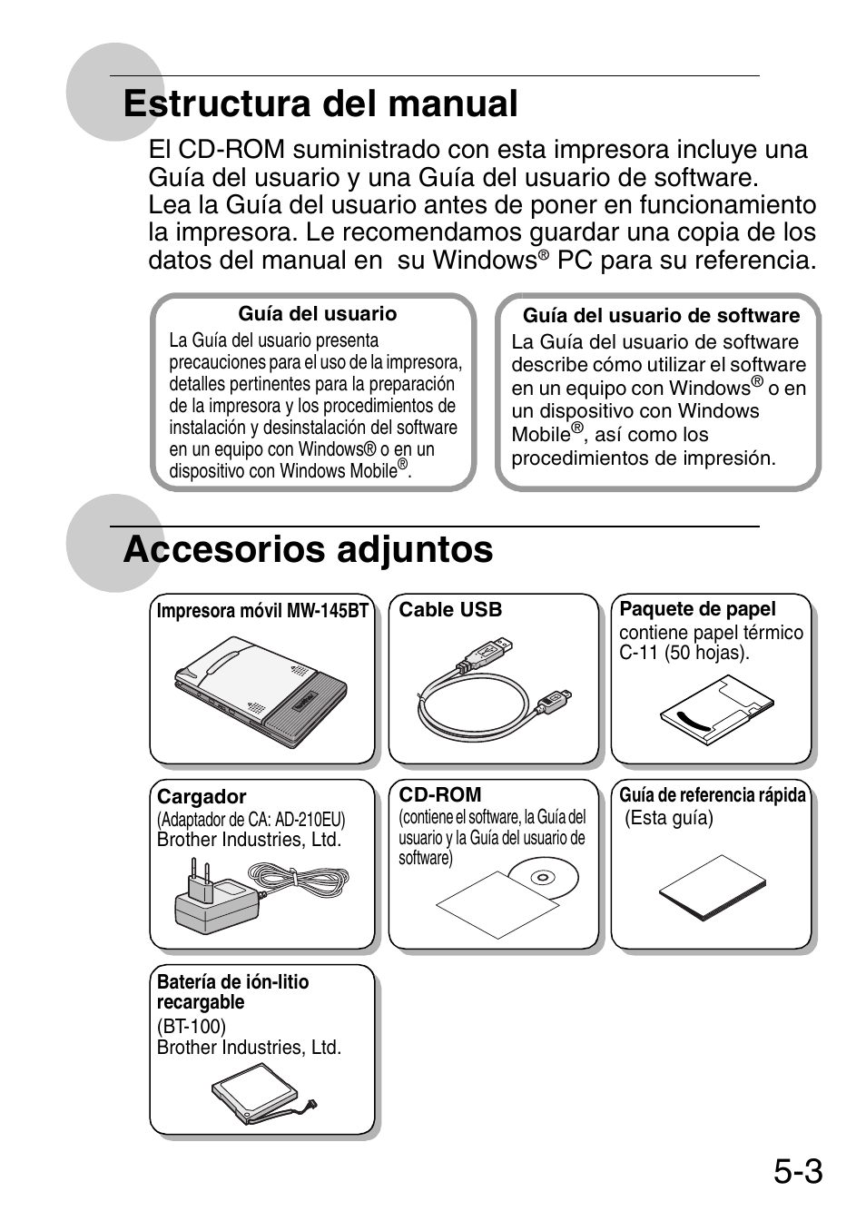 Estructura del manual, Accesorios adjuntos | Brother MW-145BT User Manual | Page 44 / 92