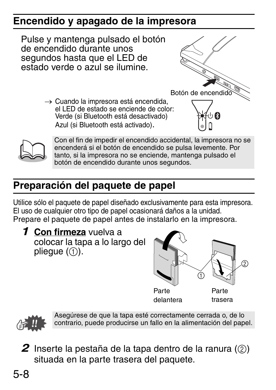 Encendido y apagado de la impresora, Preparación del paquete de papel | Brother MW-145BT User Manual | Page 49 / 92
