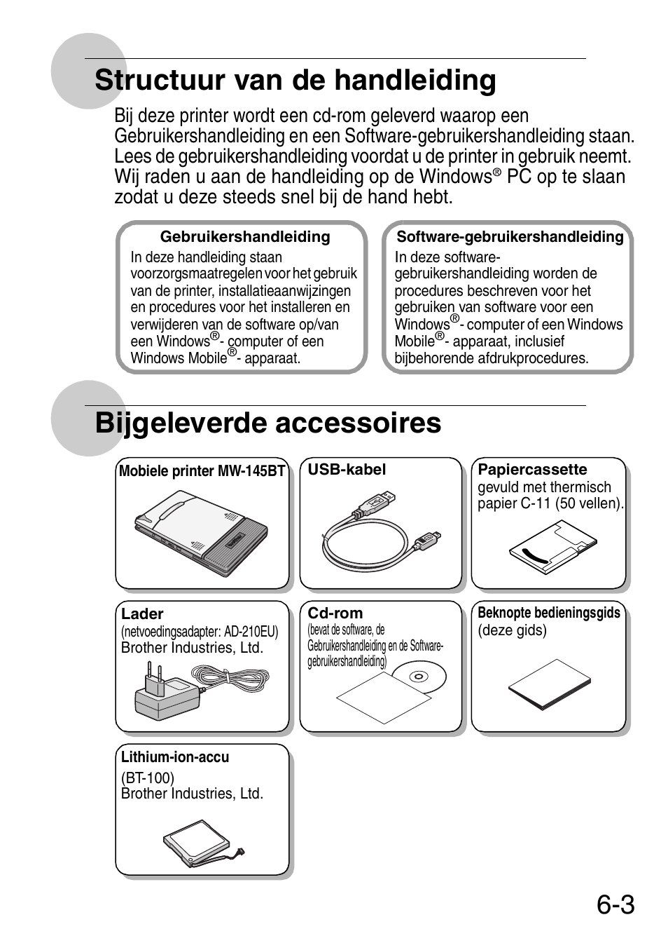 Structuur van de handleiding, Bijgeleverde accessoires | Brother MW-145BT User Manual | Page 54 / 92