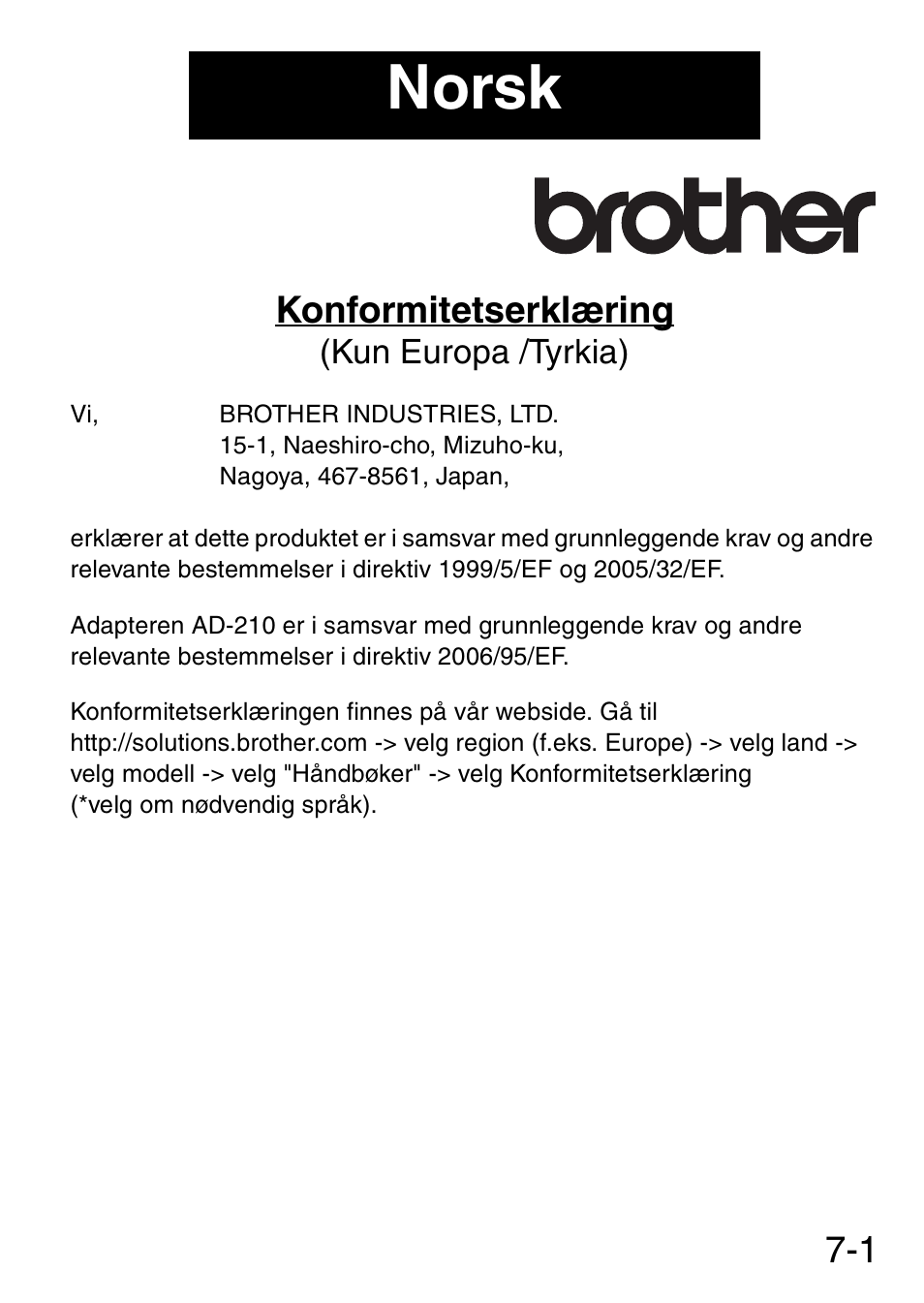 Norsk, 1 konformitetserklæring | Brother MW-145BT User Manual | Page 62 / 92