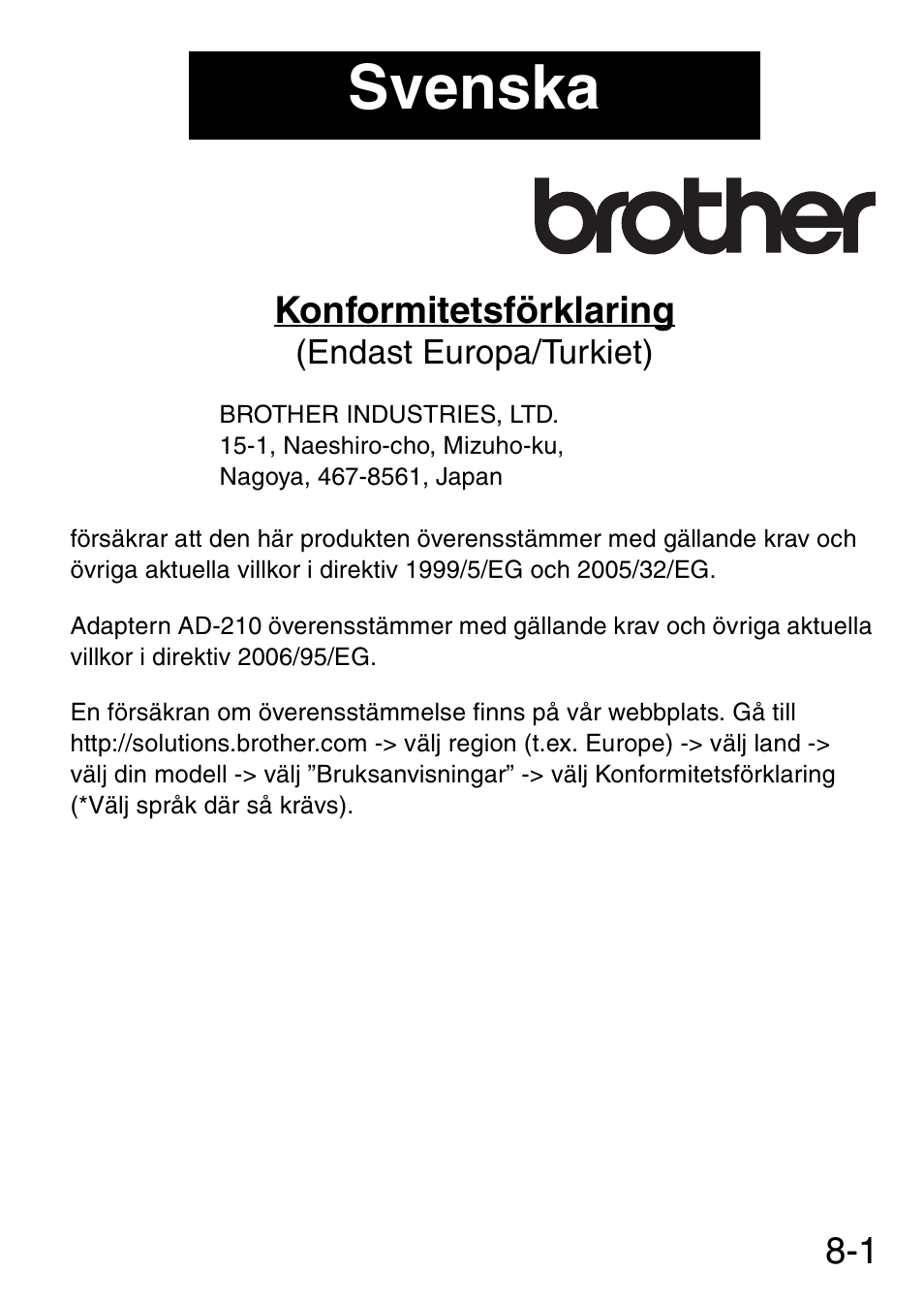 Svenska, 1 konformitetsförklaring | Brother MW-145BT User Manual | Page 72 / 92