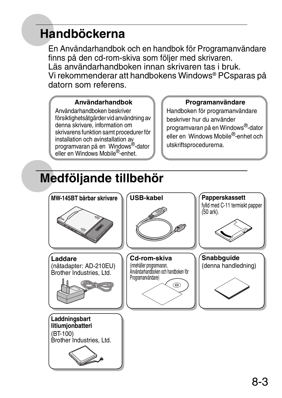 Handböckerna, Medföljande tillbehör | Brother MW-145BT User Manual | Page 74 / 92