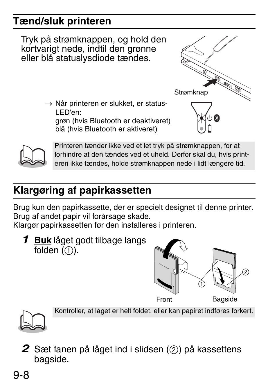 Tænd/sluk printeren, Klargøring af papirkassetten | Brother MW-145BT User Manual | Page 89 / 92