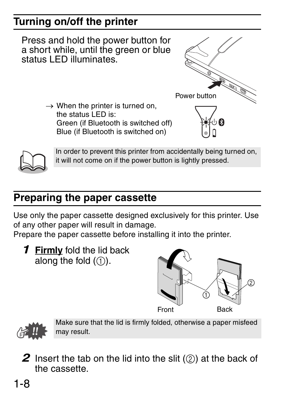 Turning on/off the printer, Preparing the paper cassette | Brother MW-145BT User Manual | Page 9 / 92