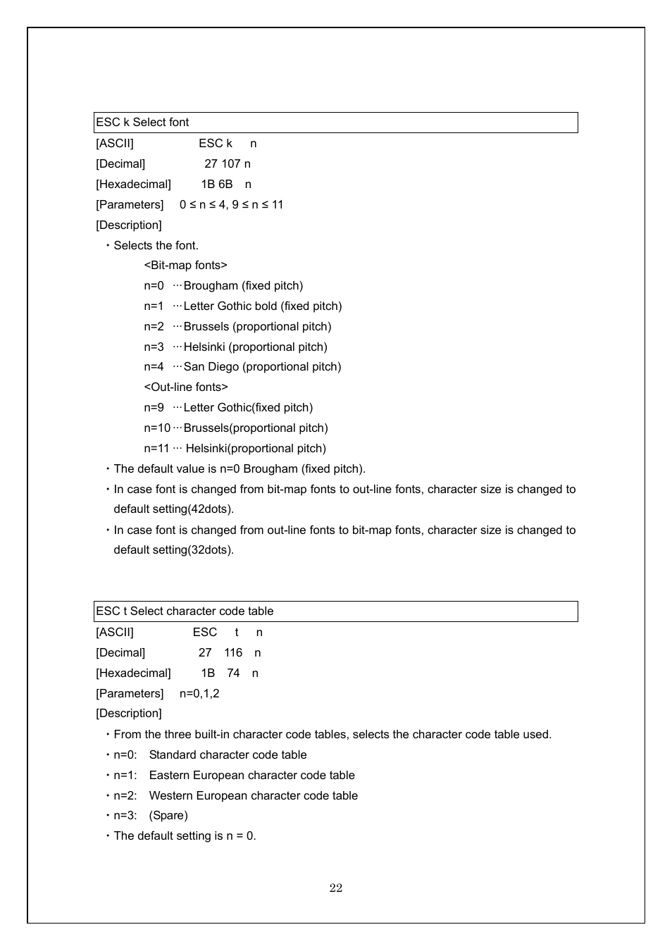 Esc k select font, Esc t select character code table | Brother TD-4100N User Manual | Page 22 / 115