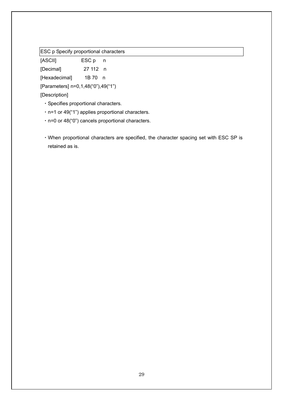 Esc p specify proportional characters | Brother TD-4100N User Manual | Page 29 / 115