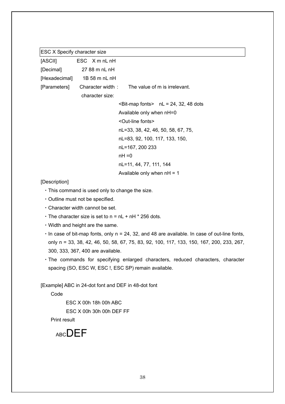 Esc x specify character size | Brother TD-4100N User Manual | Page 38 / 115