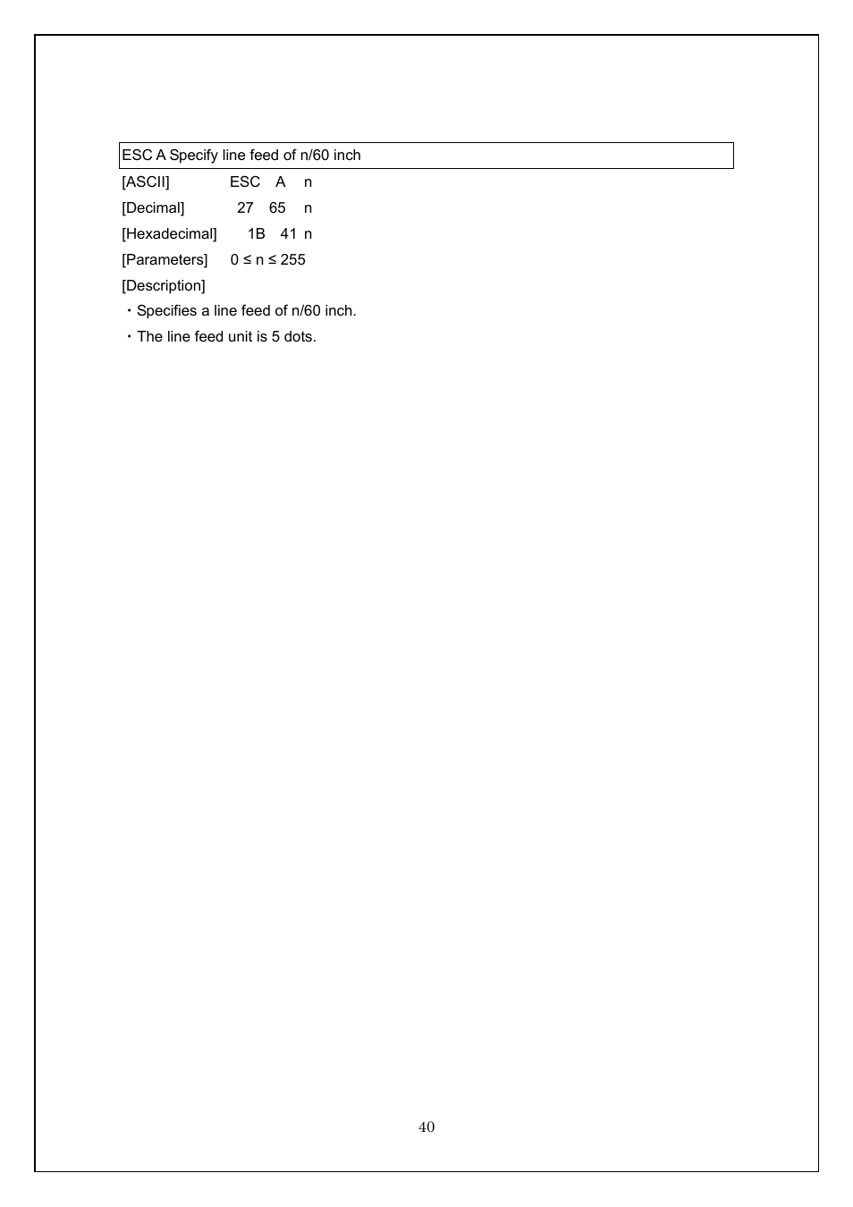 Esc a specify line feed of n/60 inch | Brother TD-4100N User Manual | Page 40 / 115