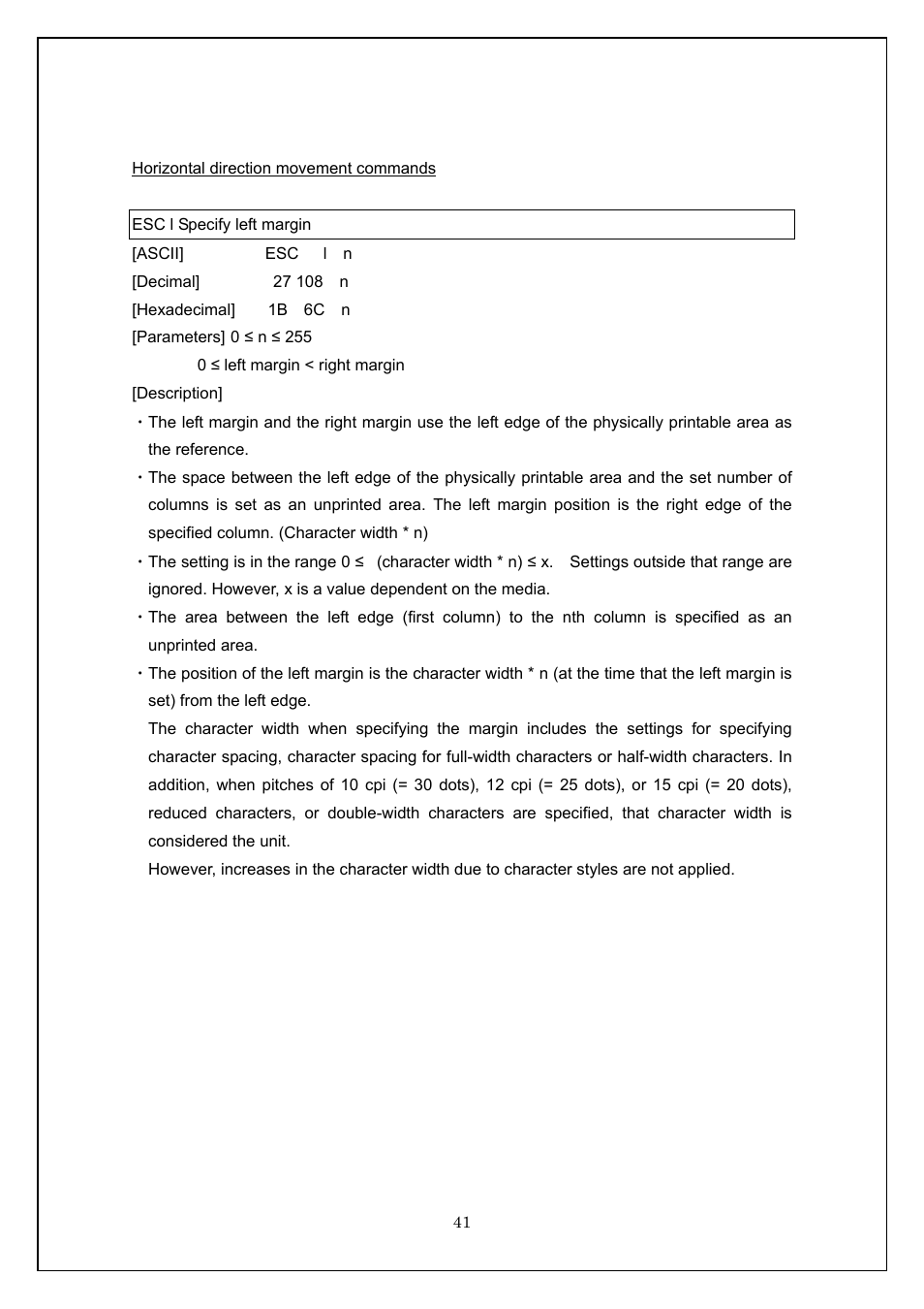 Horizontal direction movement commands, Esc l specify left margin | Brother TD-4100N User Manual | Page 41 / 115