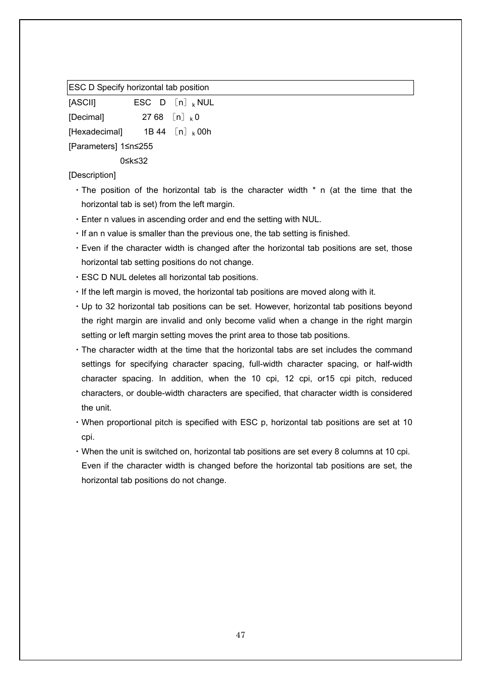 Esc d specify horizontal tab position | Brother TD-4100N User Manual | Page 47 / 115