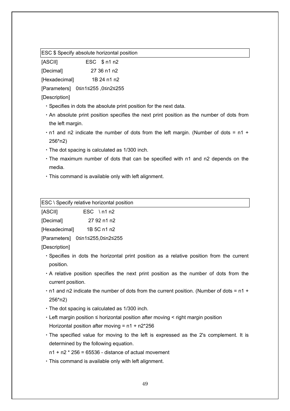 Esc $ specify absolute horizontal position, Esc \ specify relative horizontal position | Brother TD-4100N User Manual | Page 49 / 115