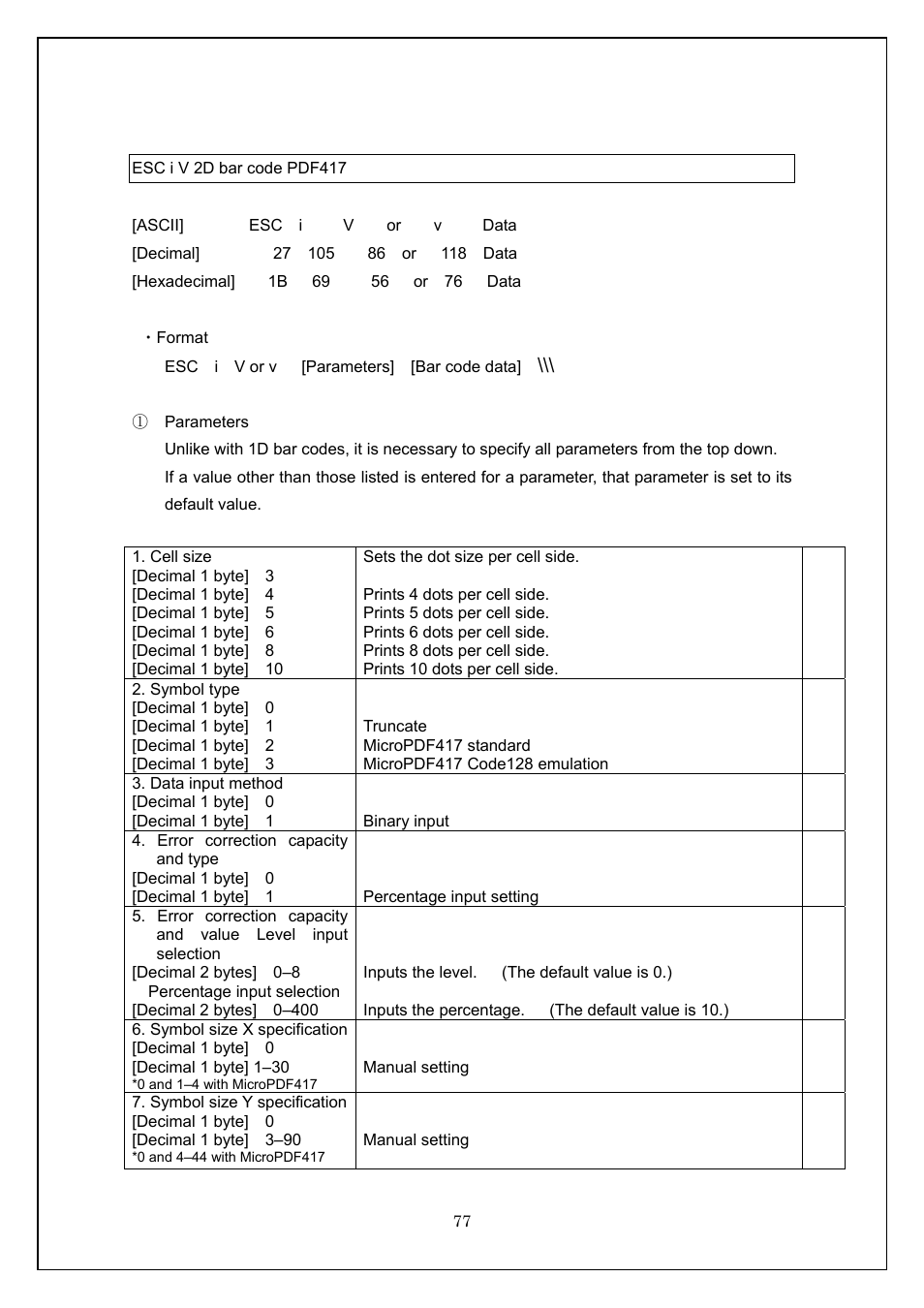 Esc i v 2d bar code pdf417 | Brother TD-4100N User Manual | Page 77 / 115