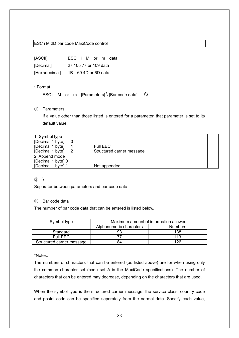 Esc i m 2d bar code maxicode control | Brother TD-4100N User Manual | Page 83 / 115