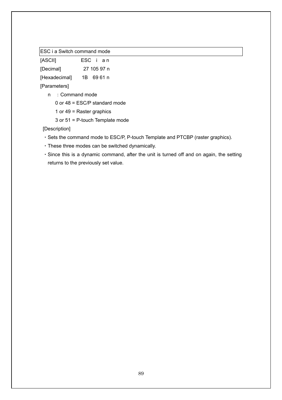 Esc i a switch command mode | Brother TD-4100N User Manual | Page 89 / 115