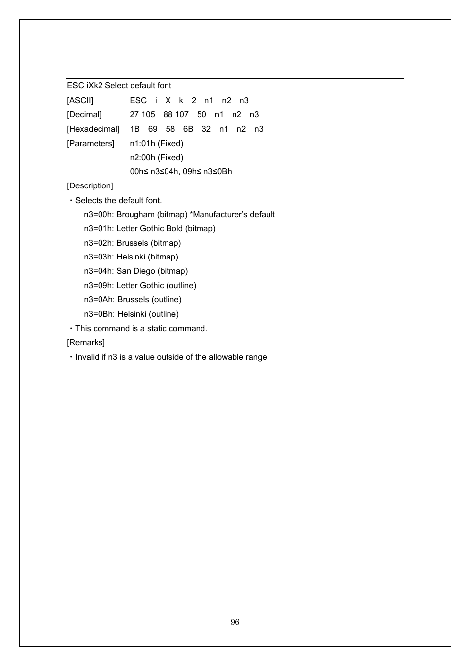 Esc ixk2 select default font | Brother TD-4100N User Manual | Page 96 / 115
