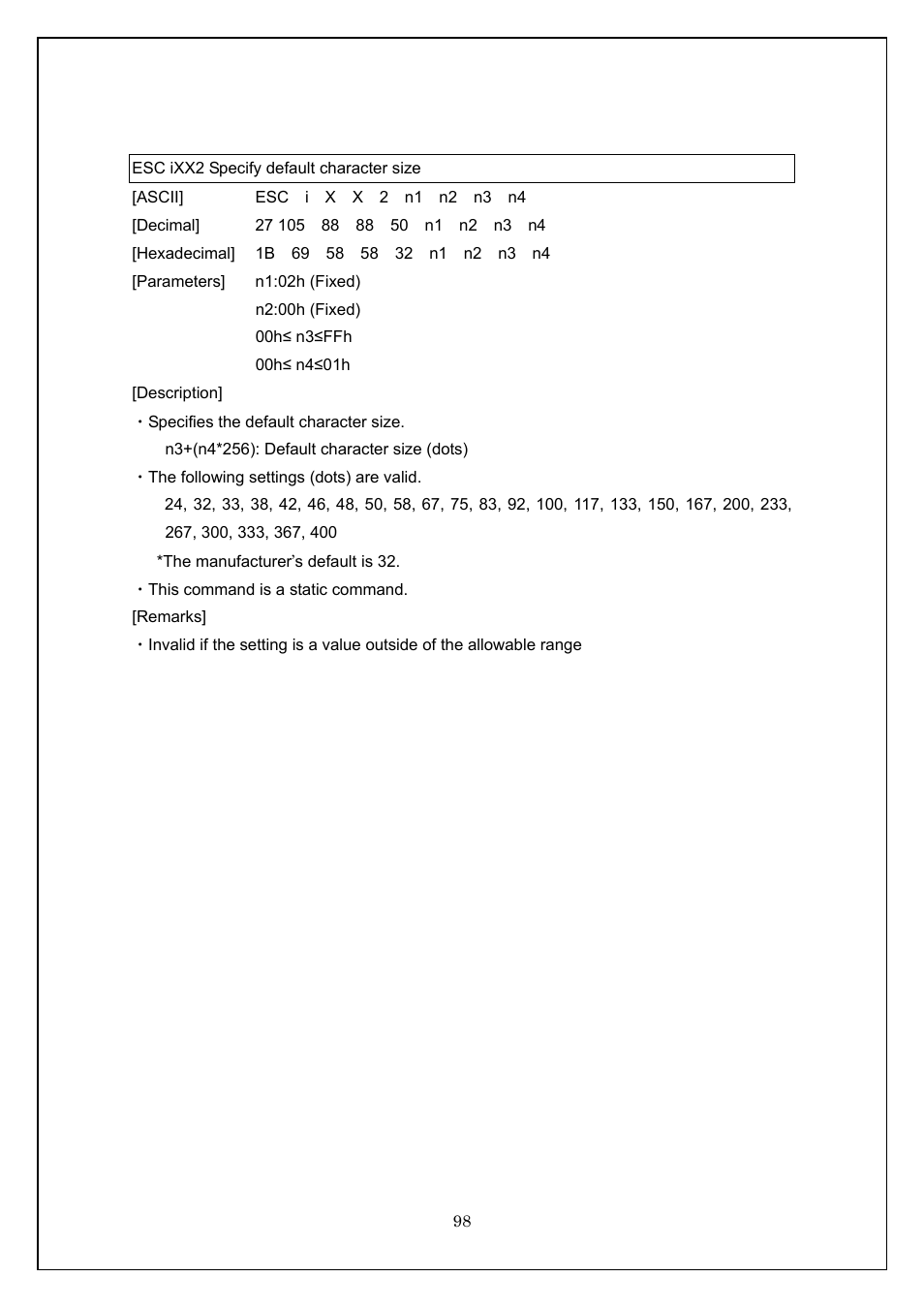 Esc ixx2 specify default character size | Brother TD-4100N User Manual | Page 98 / 115