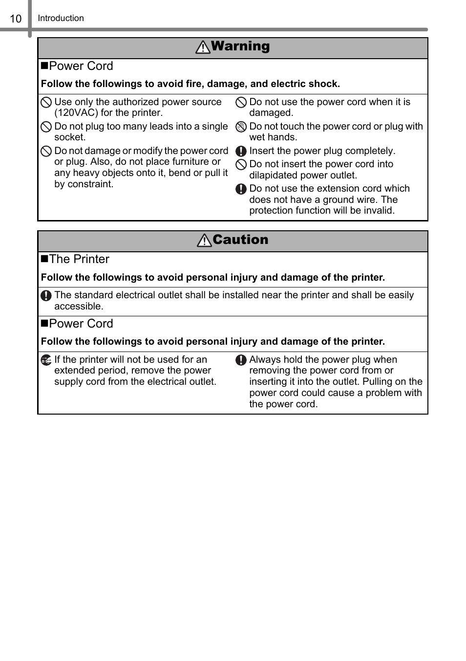 Caution, Warning | Brother QL-500 User Manual | Page 10 / 118